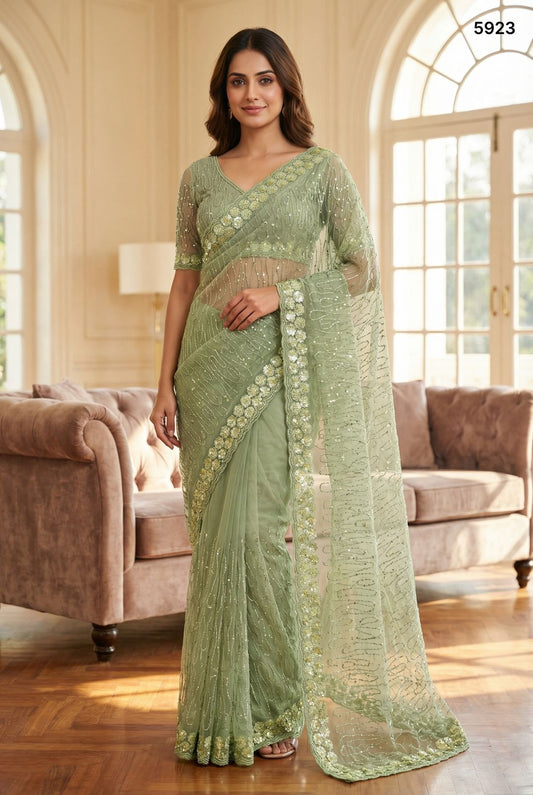 Light Green Crystal Fabric Party Wear Saree with Sequin & Thread Work
