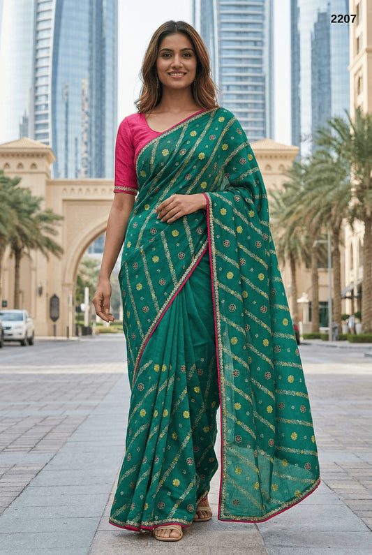 Radiant Emerald Green Leheriya Printed Saree with Magenta Contrast