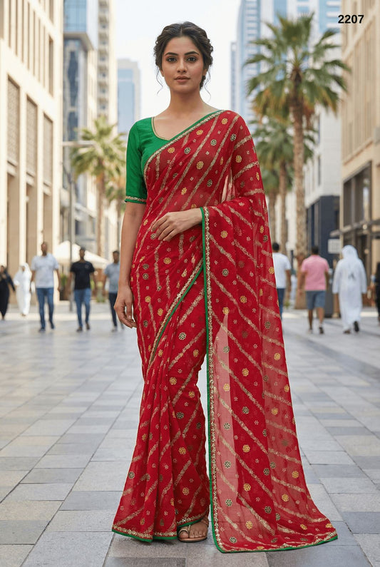 Elegant Crimson & Gold Striped Fandy Saree