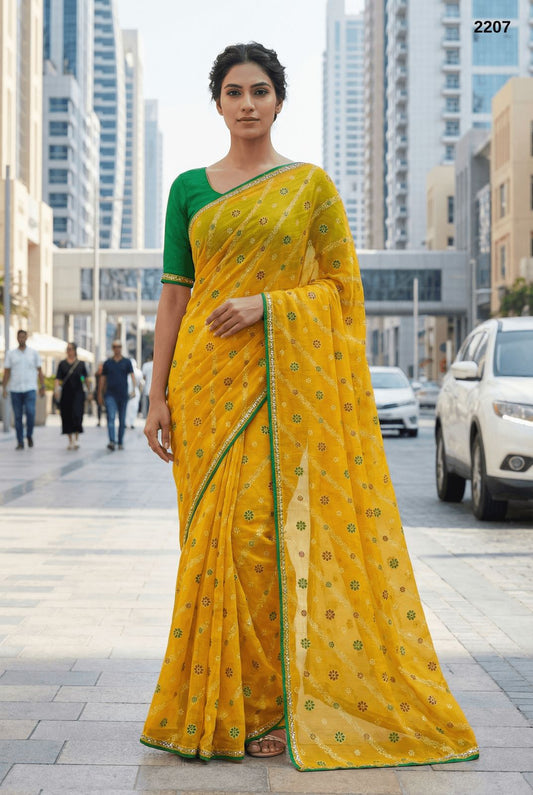 Vibrant Mustard Yellow Fandy Saree with Floral Butti & Contrast Border