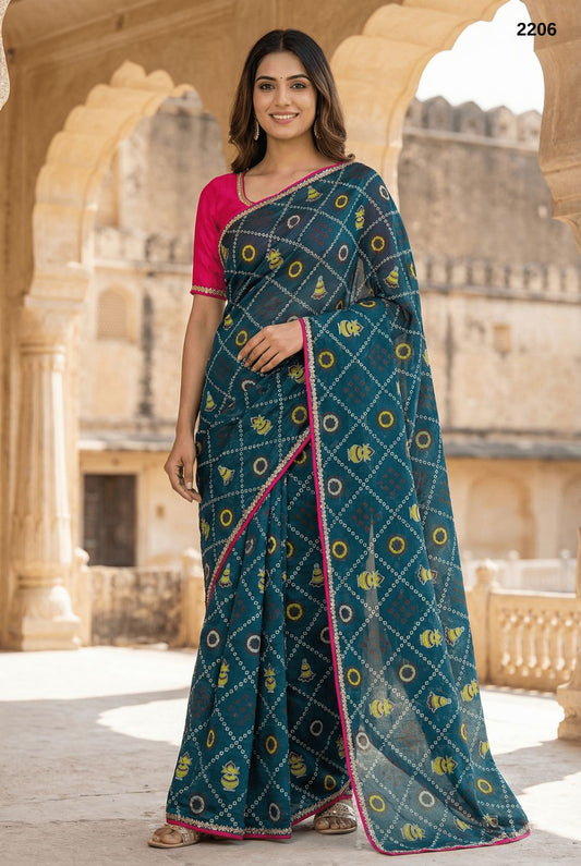 Elegant Teal Blue Bandhani Print Saree with Contrast Magenta Blouse