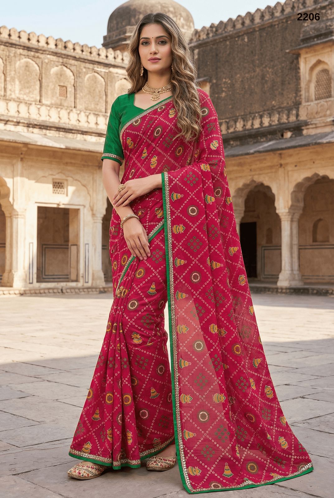 Vibrant Rani Pink Bandhani Print Saree with Contrast Emerald Blouse