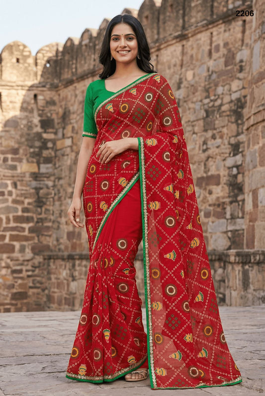 Vibrant Red Bandhani Print Fandy Silk Saree with Contrast Green Blouse
