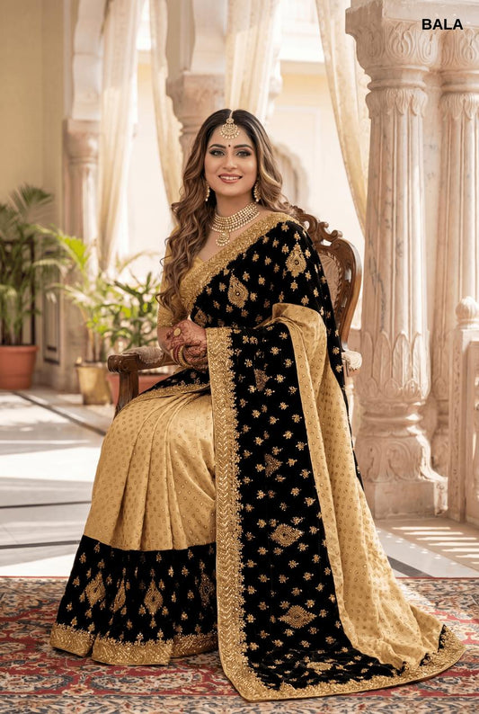 Classic Black & Gold Velevt Embroidered Designer Bridal Saree