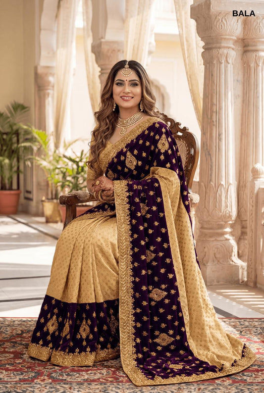 Royal Purple & Antique Gold Half-and-Half Velvet Saree