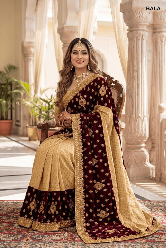 Exquisite Maroon & Cream Velvet Embellished Bridal Saree