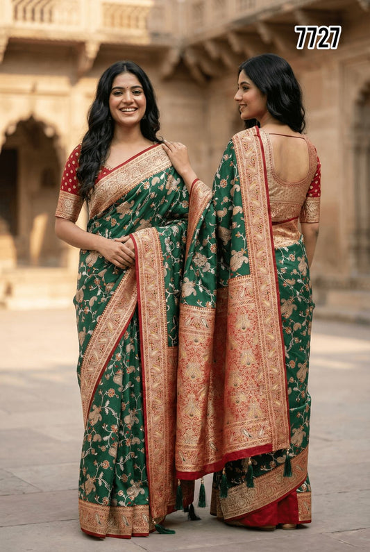 Emerald Green Banarasi Silk Saree with Antique Gold Zari Weaving