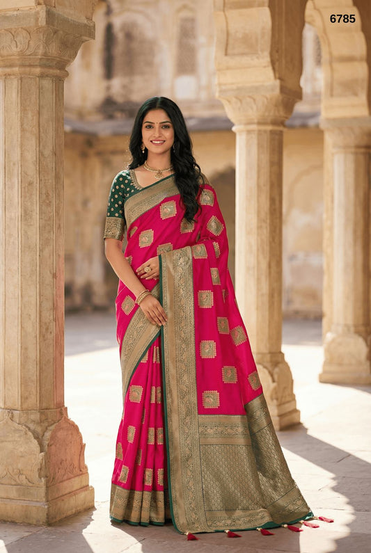Premium Rani Pink Silk Saree with Antique Gold Zari Border & Traditional Motifs