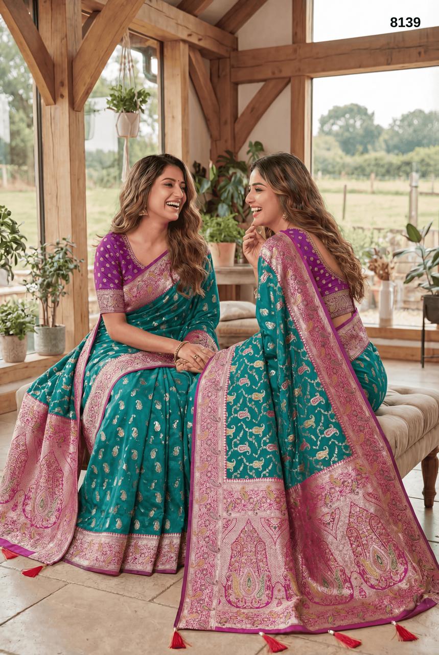 Soft Banarasi Silk Saree in Teal Green with Pink Zari Border – Elegant Traditional Weave