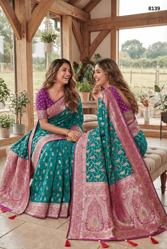 Soft Banarasi Silk Saree in Teal Green with Pink Zari Border – Elegant Traditional Weave