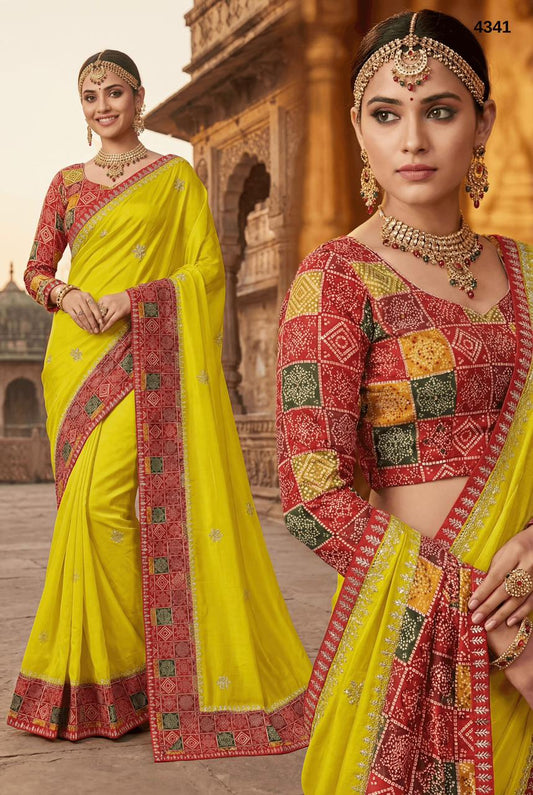 Premium Lime Yellow Silk Saree with Traditional Bandhnai Border & Designer Blouse – Festive & Wedding Wear