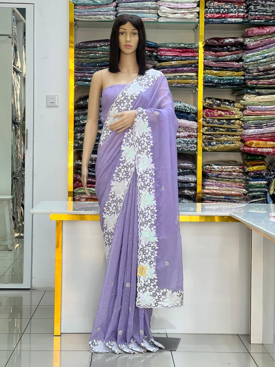 Lavender Crunchy Chiffon Saree with Elegant Floral Embroidery Border