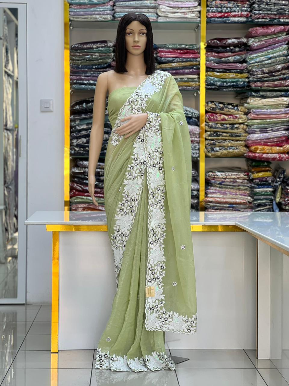 Sea Green Crunchy Chiffon Saree with Elegant Floral Embroidery Border