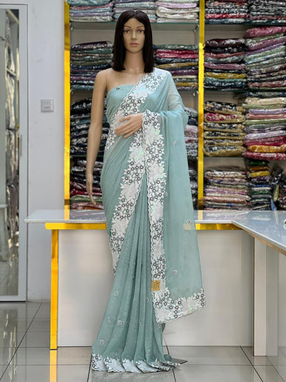 Sea Green Designer Chiffon Saree with Elegant White Floral Embroidery