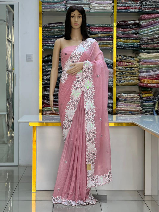Elegant Pastel Peach Chiffon Saree with Floral Embroidery Border