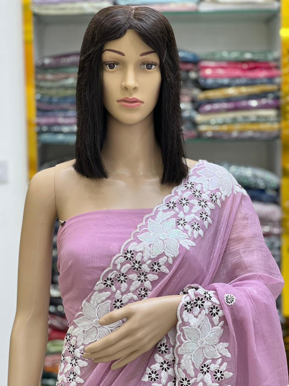 Elegant Blush Pink Designer Saree with White Floral Cutwork Border