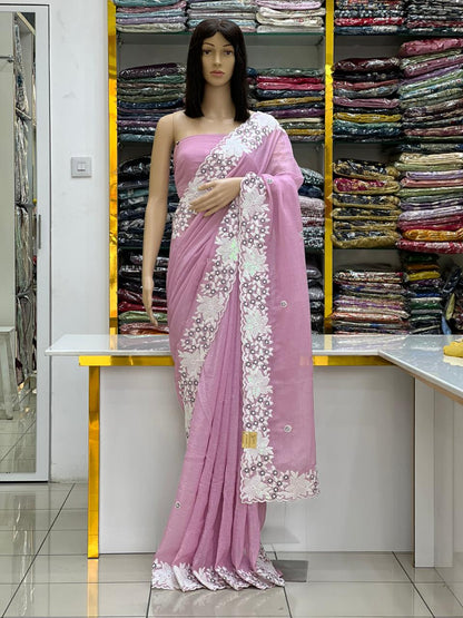 Elegant Blush Pink Designer Saree with White Floral Cutwork Border
