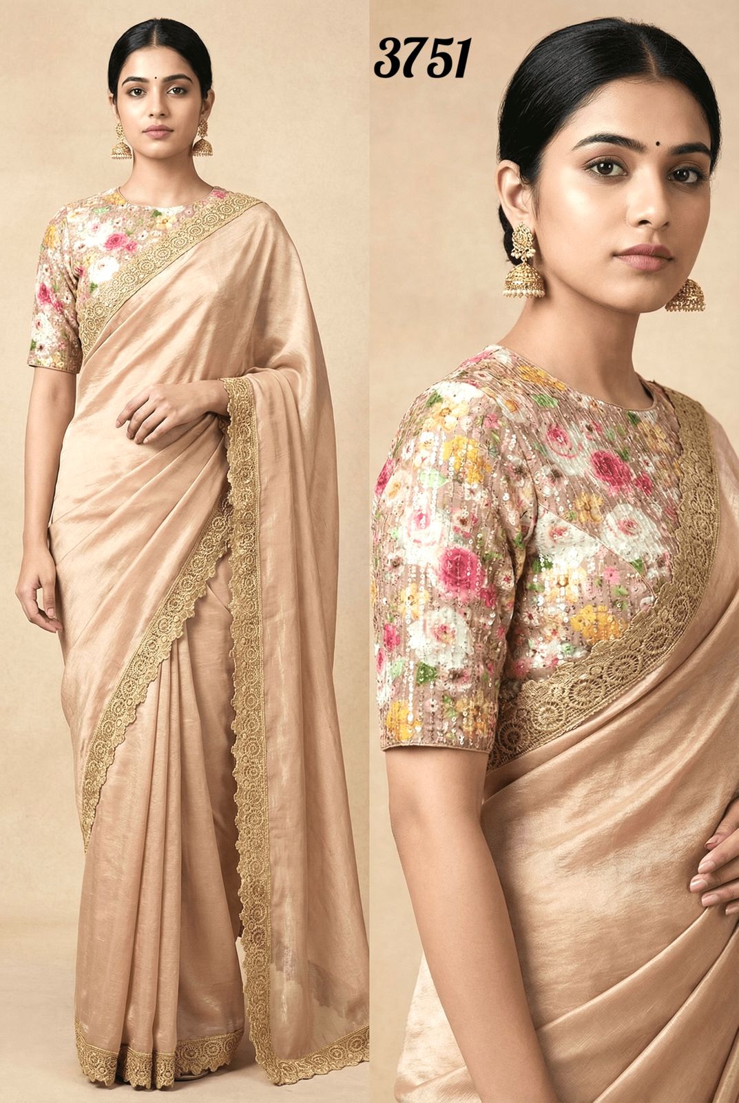 Elegant Beige Space Silk Saree with Floral Sequin Designer Blouse