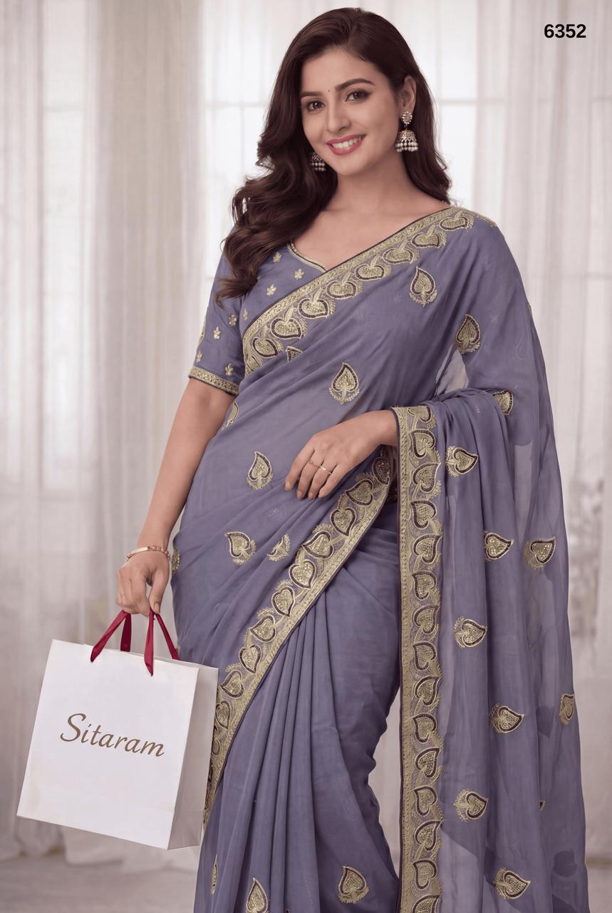 Elegant Lavender Grey Rangoli Silk Saree with Golden Heart Motif Border