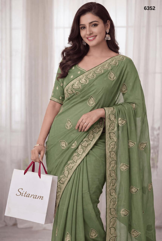 Elegant Olive Green Rangoli Silk Saree with Classic Embroidered Border