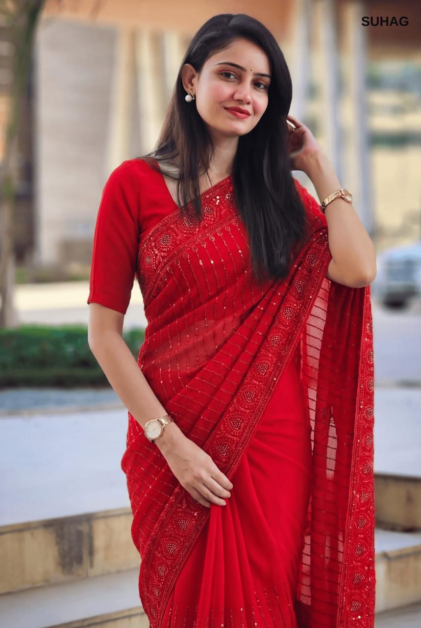 Elegant Red Georgette Saree with Sequin & Stone Work