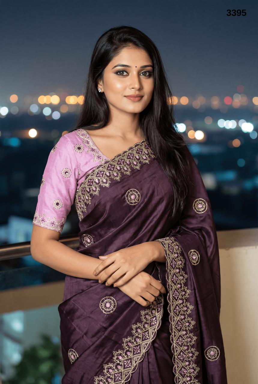 Premium Wine Purple Tissue Crush Saree with Designer Embroidery Border