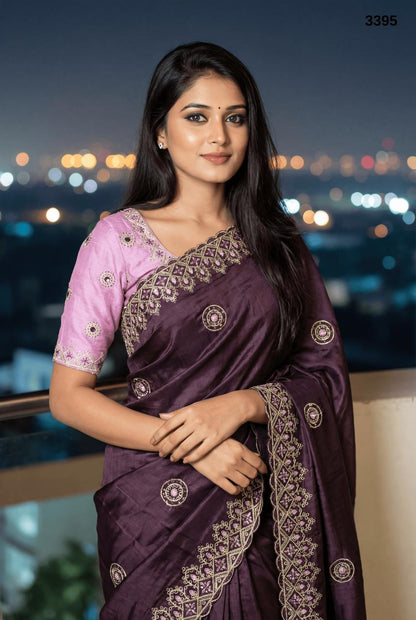 Premium Wine Purple Tissue Crush Saree with Designer Embroidery Border
