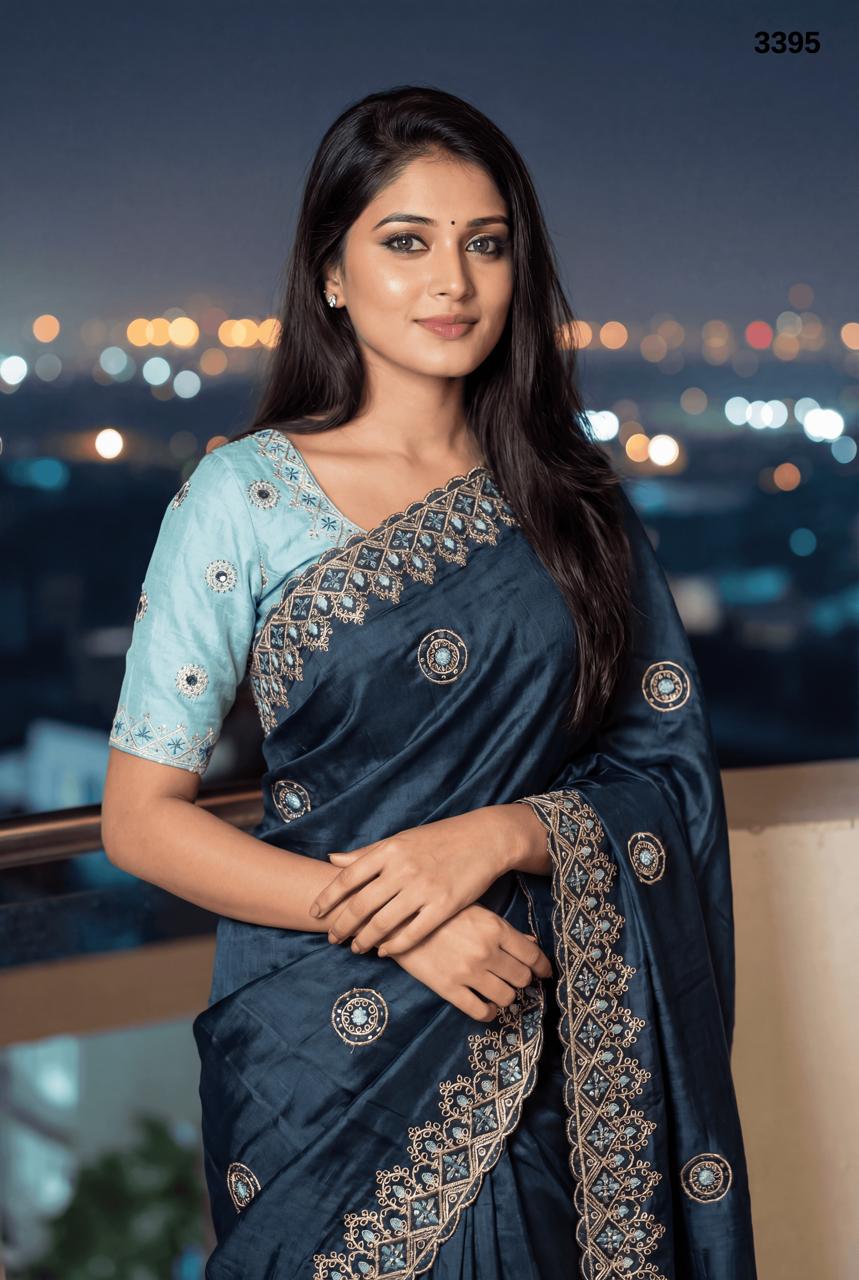 Premium Navy Blue Tissue Crush Saree with Embroidery Work