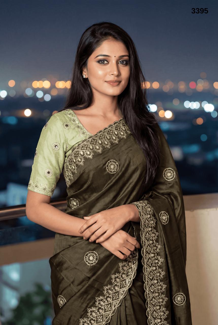Premium Olive Tissue Crush Saree with Elegant Embroidery Work