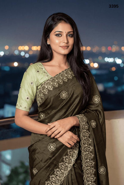 Premium Olive Tissue Crush Saree with Elegant Embroidery Work