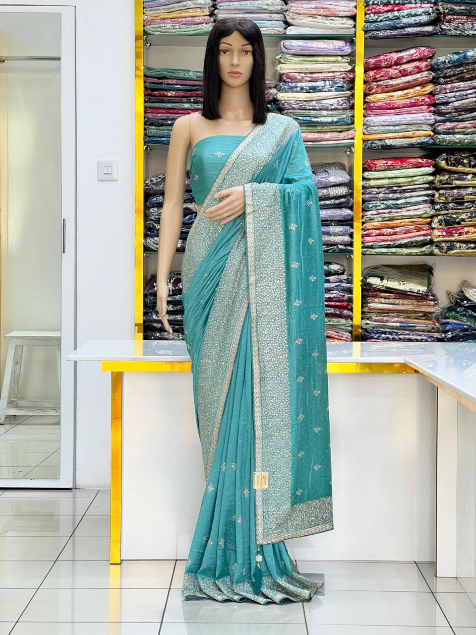 Elegant Vichitra Silk Saree with Silver Zari & Stone Work