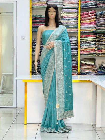 Elegant Vichitra Silk Saree with Silver Zari & Stone Work