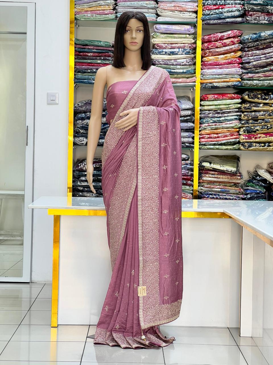 Elegant Mauve Vichitra Silk Saree with Silver Zari & Stone Work