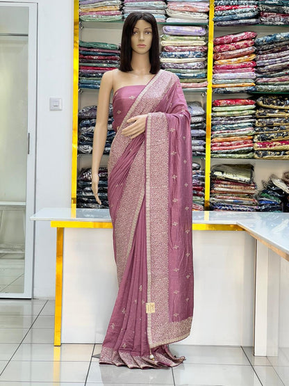 Elegant Mauve Vichitra Silk Saree with Silver Zari & Stone Work