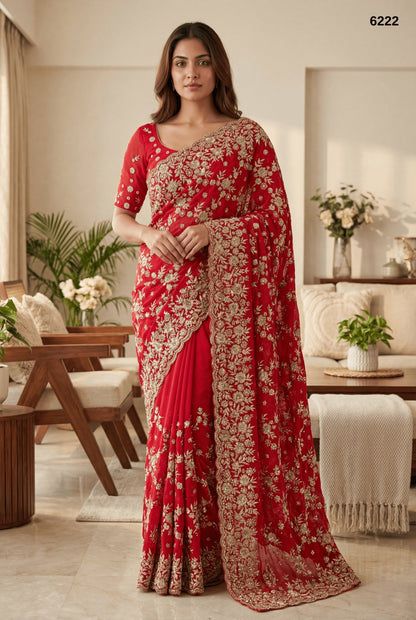 Royal Red Heavy Zari Embroidery Designer Saree – Bridal & Premium Festive Collection