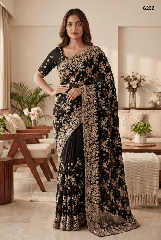 Premium Black Heavy Zari Embroidery Designer Saree – Bridal & Party Wear Collection