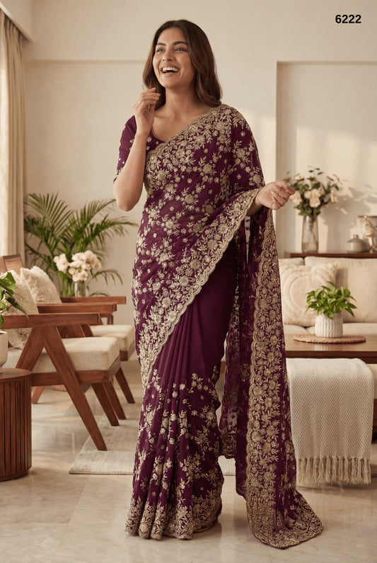 Wine Purple Heavy Zari Embroidery Designer Saree – Premium Bridal & Festive Collection