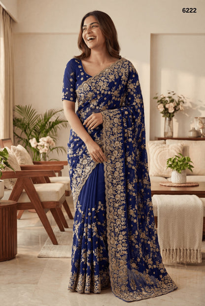 Royal Blue Heavy Embroidery Designer Saree – Premium Wedding Collection