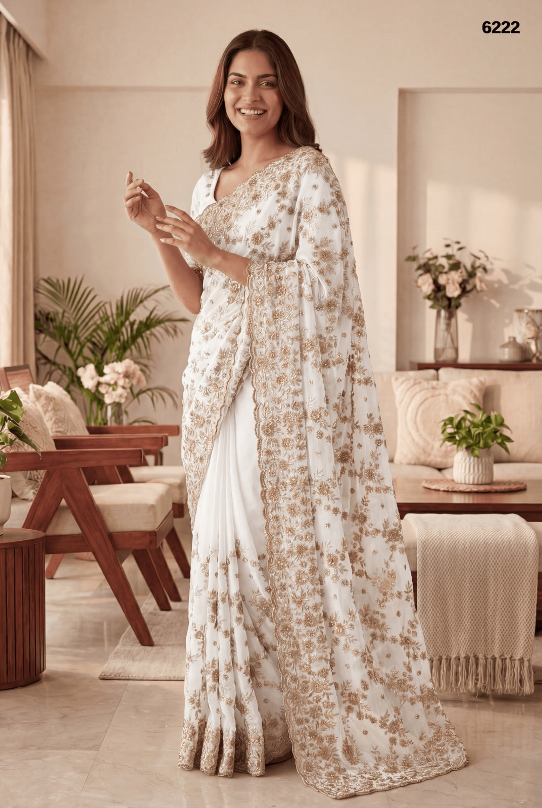 Elegant White & Gold Heavy Zari Embroidery Designer Saree – Luxury Wedding Collection