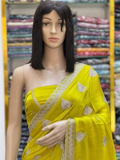 Yellow Fandy Chiffon Saree with Zari Embroidery & Stone Work
