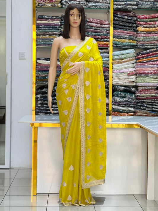 Yellow Fandy Chiffon Saree with Zari Embroidery & Stone Work