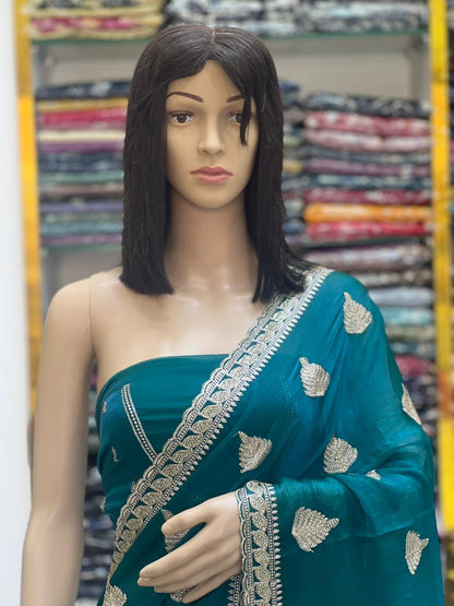 Elegant Teal Fandy Chiffon Saree with Zari Embroidery & Stone Work