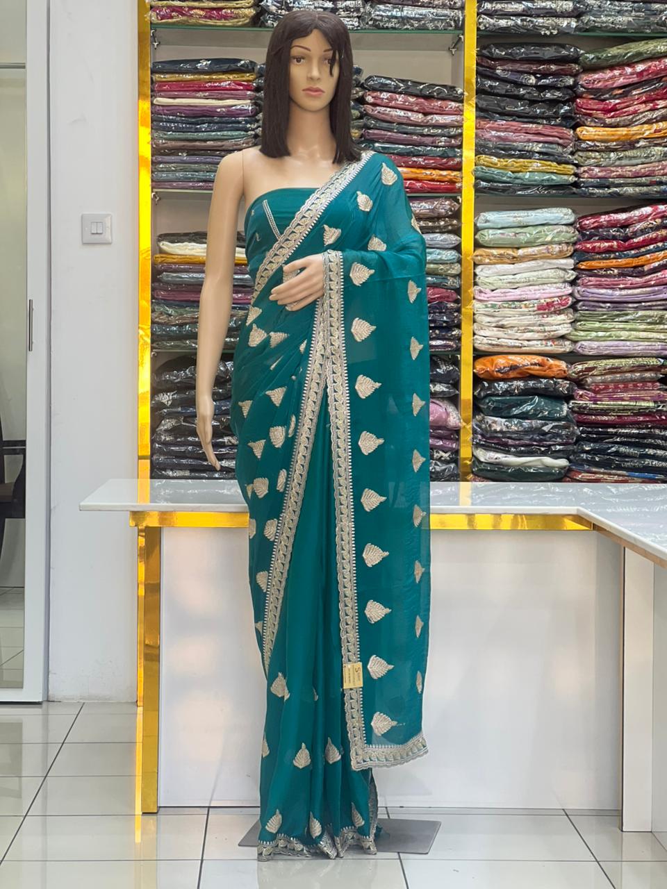 Elegant Teal Fandy Chiffon Saree with Zari Embroidery & Stone Work