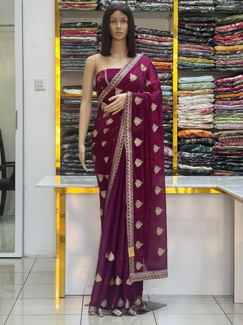 Elegant Wine Fandy Chiffon Saree with Zari Embroidery & Stone Work