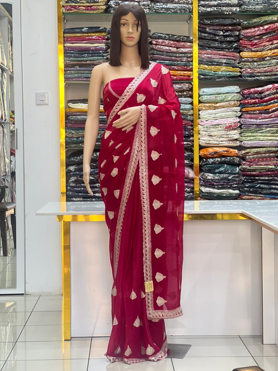 Royal Red Fandy Chiffon Saree with Zari Embroidery & Stone Work