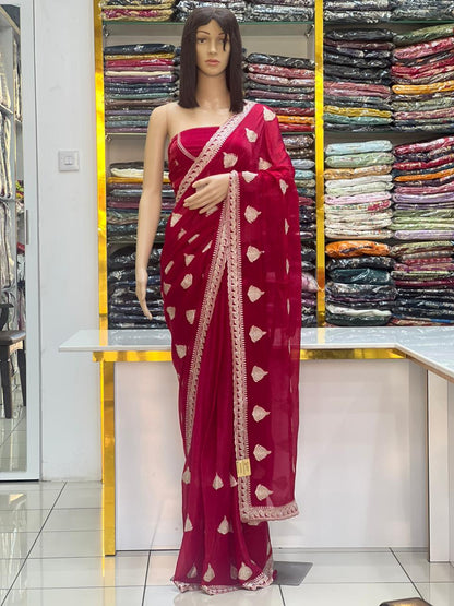 Royal Red Fandy Chiffon Saree with Zari Embroidery & Stone Work