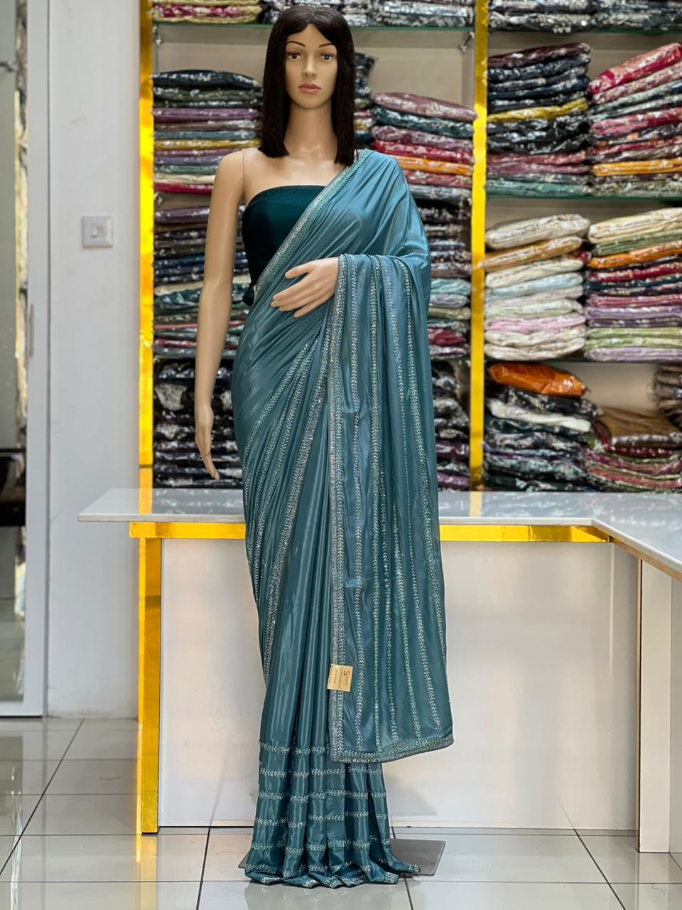 Premium Teal Designer Saree with Original Stone Work Border