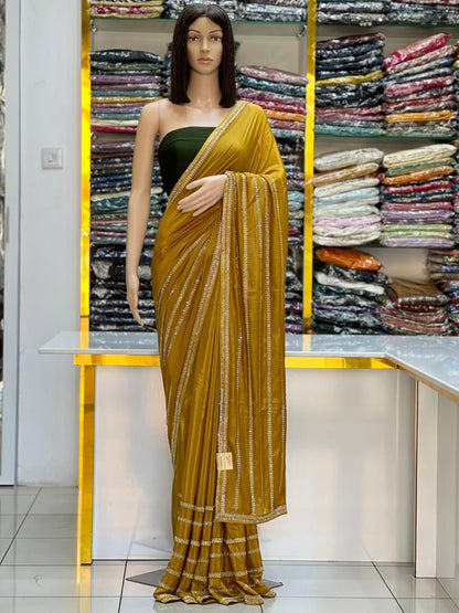 Mustard Gold Satin Saree with Premium Diamond Border Work