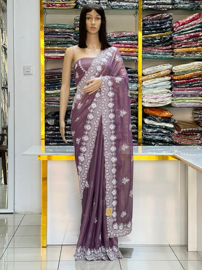Elegant Mauve Georgette Saree with Shine Coating & White Embroidery