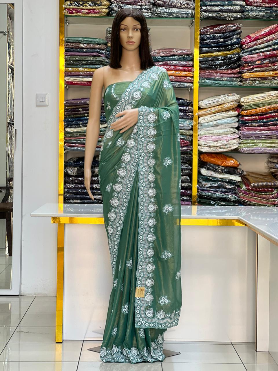 Elegant Sea Green Georgette Saree with Shine Coating & White Thread Embroidery